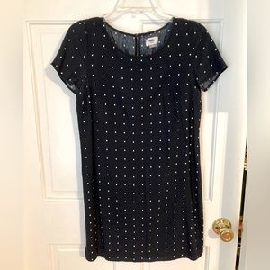 Old Navy XS shift dress, navy blue w/ white rectangle dots. Back Button closure